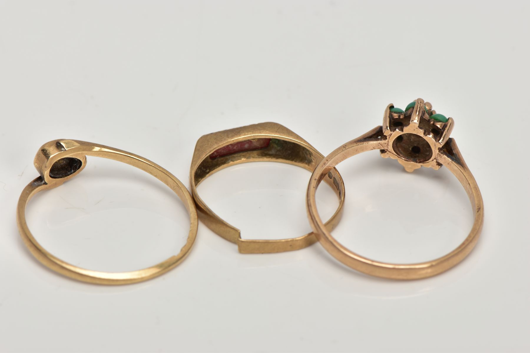 THREE 9CT GOLD RINGS, the first a turquoise cluster ring, set with seven small turquoise - Image 3 of 3