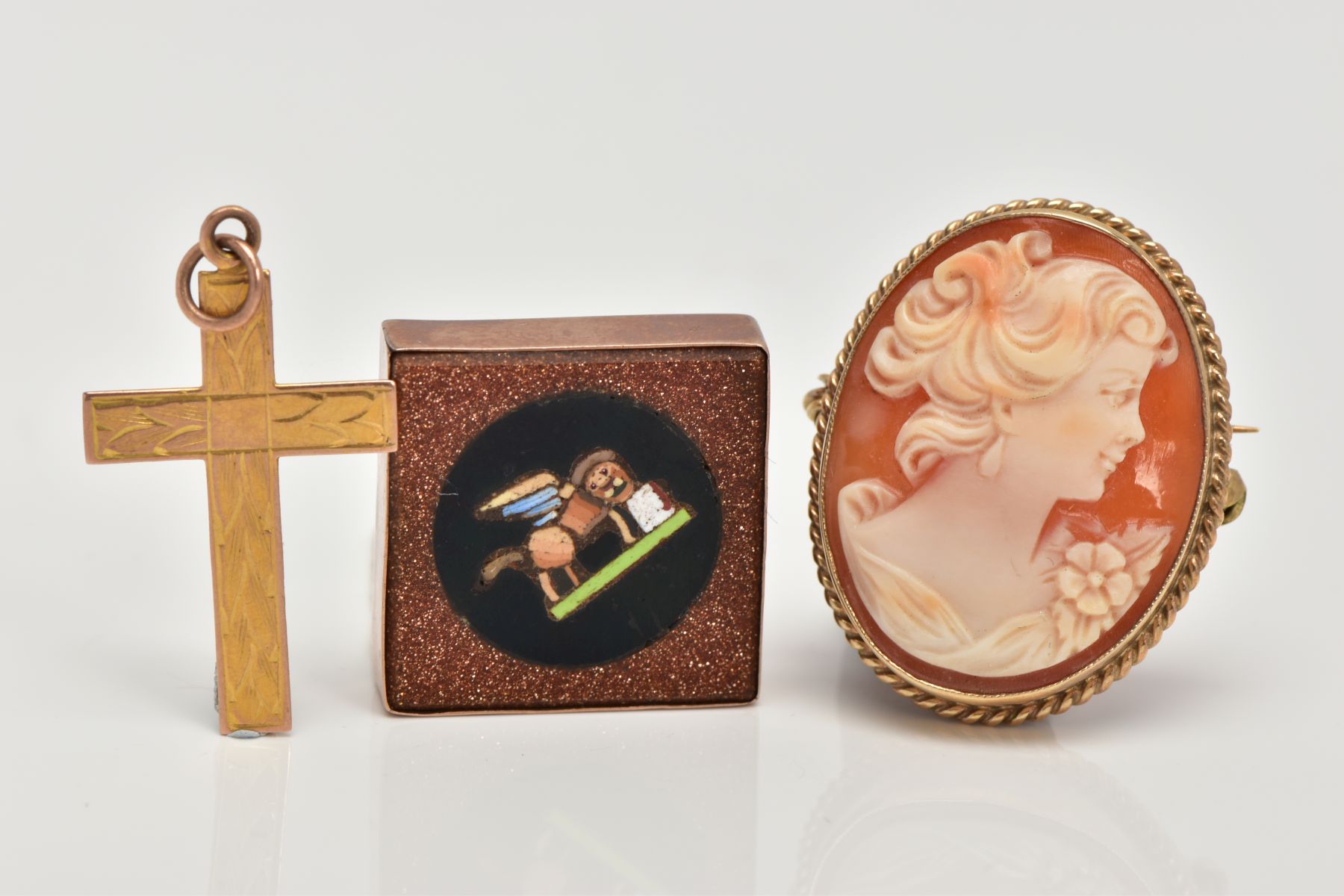 TWO BROOCHES AND A PENDANT, the first a square micro mosaic brooch, designed with a central circular