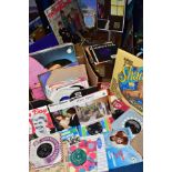 A BOX OF SINGLES RECORDS AND LPS AND A HANDY GRAM PORTABLE RECORD PLAYER, no tested, case dusty