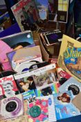 A BOX OF SINGLES RECORDS AND LPS AND A HANDY GRAM PORTABLE RECORD PLAYER, no tested, case dusty