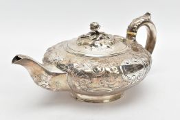 A WILLIAM IV SILVER TEAPOT, the teapot of a decorative embossed floral design, fitted with a