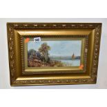 A PAIR OF UNSIGNED LANDSCAPE PAINTINGS, depicting rural lakeside scenes, oil on board with gilt