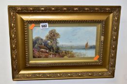 A PAIR OF UNSIGNED LANDSCAPE PAINTINGS, depicting rural lakeside scenes, oil on board with gilt