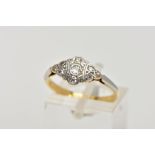 AN 18CT GOLD DIAMOND RING, art deco style ring of a marquise shape, set with a central old cut
