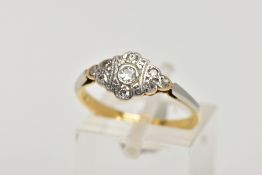 AN 18CT GOLD DIAMOND RING, art deco style ring of a marquise shape, set with a central old cut