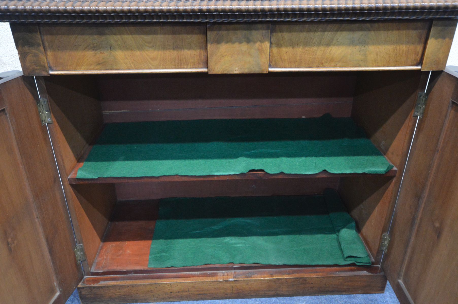 A VICTORIAN FLAME MAHOGANY CHIFFONIER, with a foliate carved raised back supported by barley twist - Image 4 of 4