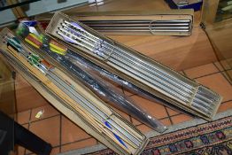 A QUANTITY OF BOXED ARCHERY ARROWS AND OTHER ARCHERY EQUIPMENT including two bags of Petron