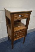 A FRENCH OAK POT CUPBOARD with a marble top, single drawer and cupboard door, width 40cm x depth