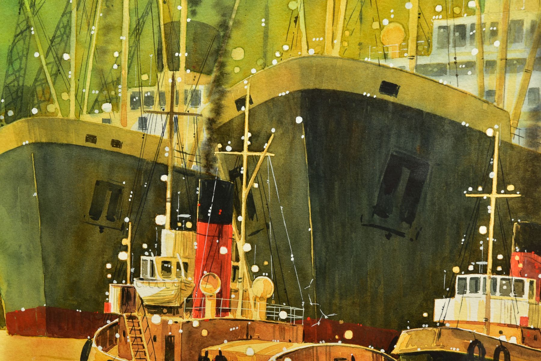 PETER J RODGERS (BRITISH CONTEMPORARY) 'MASTS AND FUNNELS', ships and tug boats in a harbour, signed - Image 5 of 8