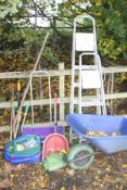 TWO ALUMINIUM STEP LADDERS, height 184cm and 138cm, metal framed and plastic wheel barrow, seed