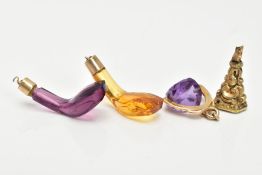 FOUR GEM SET PENDANTS, to include a 9ct gold amethyst swivel fob pendant, hallmarked 9ct gold
