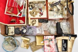 A BOX OF MOSTLY COSTUME JEWELLERY, to include a jewellery box with contents of costume jewellery,