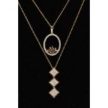 TWO 9CT GOLD DIAMOND PENDANTS AND CHAINS, the first designed as three square shape panels each set