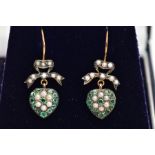 A PAIR OF SILVER GILT EMERALD, DIAMOND AND SEED PEARL DROP EARRINGS, each designed with a bow set