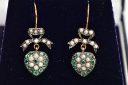 A PAIR OF SILVER GILT EMERALD, DIAMOND AND SEED PEARL DROP EARRINGS, each designed with a bow set