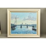 CHARLES ROWBOTHAM (BRITISH CONTEMPORARY) 'LONDON SILHOUETTE', a river cityscape, signed bottom