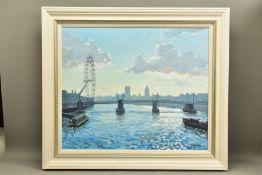 CHARLES ROWBOTHAM (BRITISH CONTEMPORARY) 'LONDON SILHOUETTE', a river cityscape, signed bottom