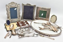 SELECTION OF WHITE METAL ITEMS, to include five photo frames, a selection of cutlery and a serving