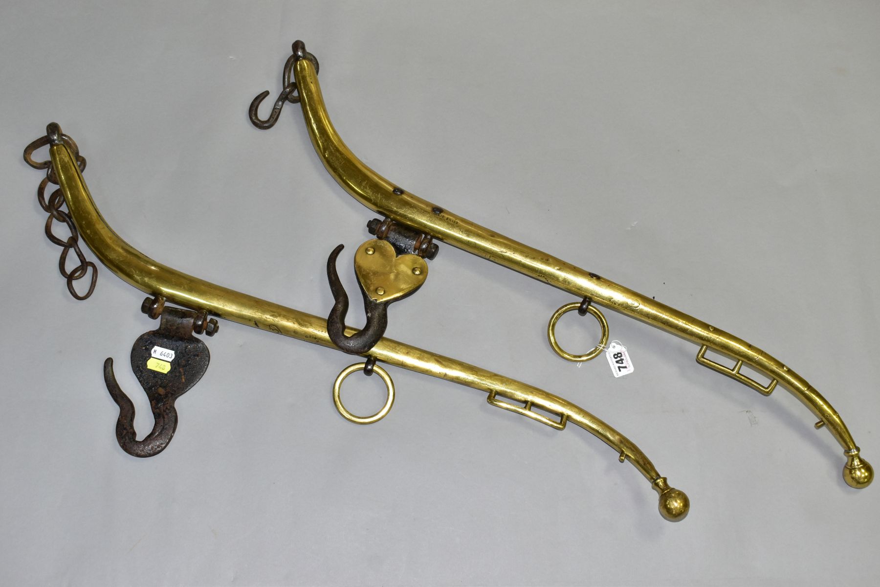 A PAIR OF HORSE HAMES, brass with wrought iron hooks, stamped marks 'No. 3 Warranted Double Cased