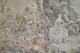 TWO 20TH CENTURY MACHINE WOVEN TAPESTRIES, the first depicting a female figure hunting with a