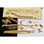 A BOX OF ASSORTED GOLD-PLATED JEWELLERY, to include an articulated 'S' link line bracelet, fitted