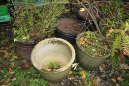 A COLLECTION OF SIX GLAZED CIRCULAR PLANTERS comprising a pair brown with blue speckles, diameter