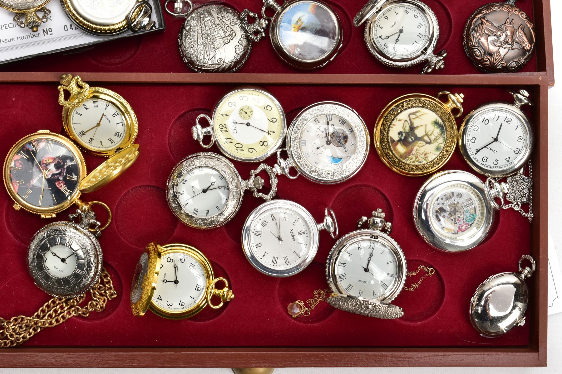 A WOODEN DISPLAY BOX OF NOVELTY POCKET WATCHES, wooden display box with three draws and a glass - Image 2 of 5