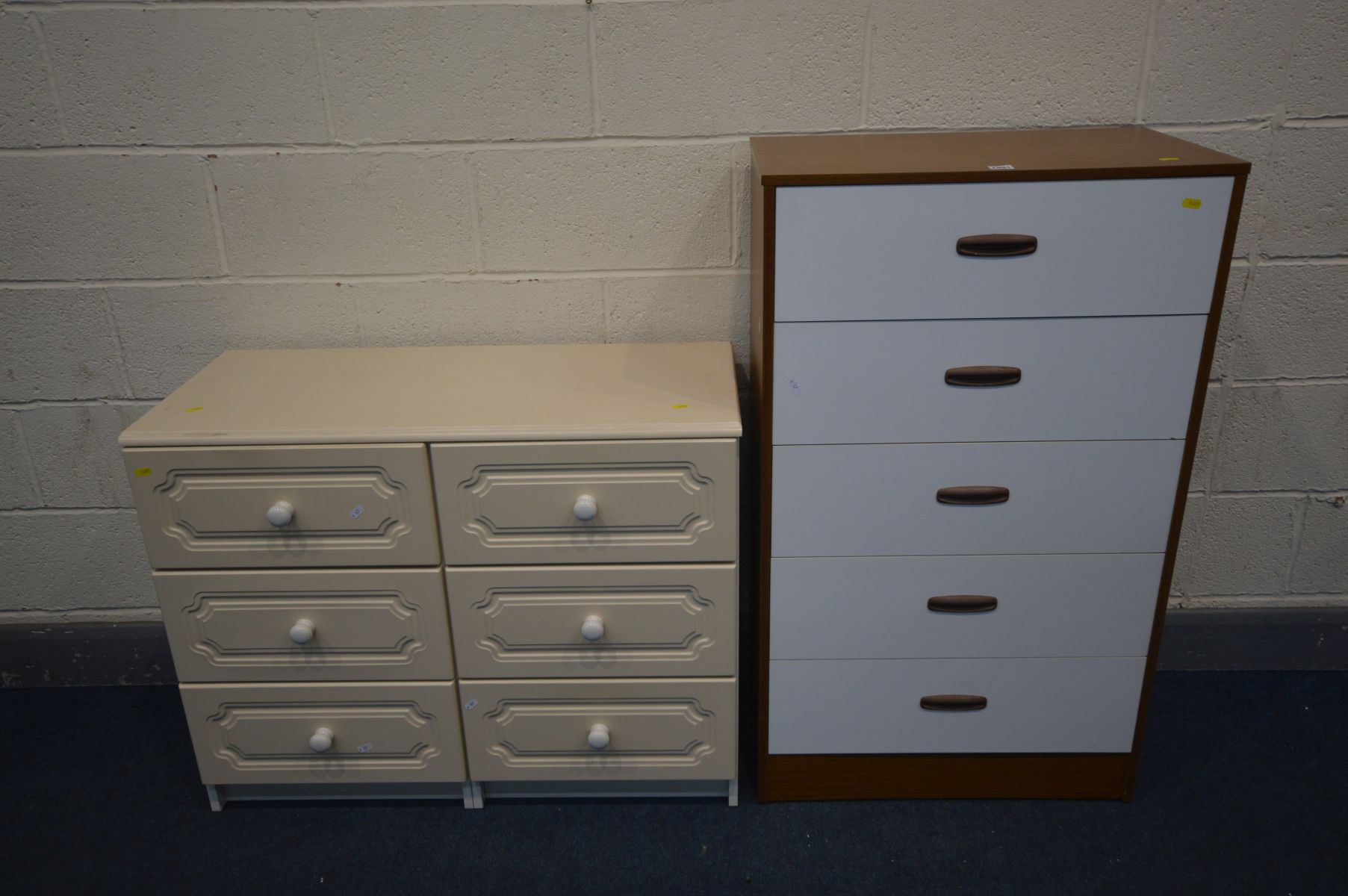 A TALL WHITE AN TEAK FINISH CHEST OF FIVE DRAWERS, width 64cm x depth 38cm x height 107cm, and a