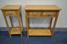 A LIGHT OAK HALL TABLE with two drawers, and undershelf, width 70cm x depth 32cm x height 80cm and a