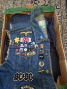 TWO BOXES OF MENS CLOTHING, HATS AND ACCESSORIES, to include a denim punk style jacket decorated