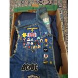 TWO BOXES OF MENS CLOTHING, HATS AND ACCESSORIES, to include a denim punk style jacket decorated