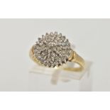 A 9CT GOLD DIAMOND CLUSTER RING, the cluster of a circular form, set with single cut diamond detail,