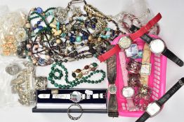A SELECTION OF JEWELLERY AND WATCHES, to include a beaded malachite necklace, a silver floral