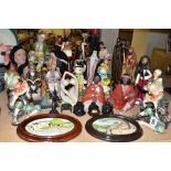 A GROUP OF MODERN CERAMIC, COMPOSITE, METAL, STONE AND RESIN FIGURES ETC, including two framed