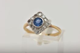 A YELLOW METAL SAPPHIRE AND DIAMOND CLUSTER RING, the cluster of a square shape, designed with a