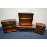TWO SIMILAR MAHOGANY OPEN BOOKCASES, one with a single drawer, along with a brown leather top sofa