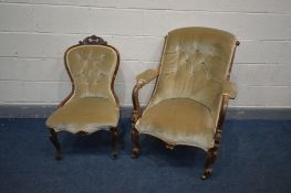 A VICTORIAN ROSEWOOD ARMCHAIR, with scrolled back, foliate decoration and open armrests, on brass