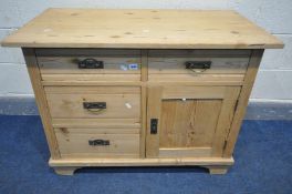 A EDWARDIAN PINE SIDEBOARD/CUPBOARD, with four assorted drawers and a single cupboard door, width