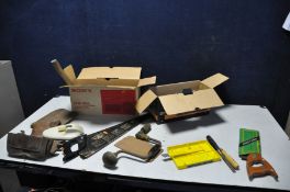 TWO SMALL BOXES CONTAINING VINTAGE TOOLS including a Spear and Jackson Tenon saw and Rip Saw, a