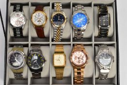 SELECTION OF WATCHES IN A DISPLAY BOX, display box encasing ten watches, names to include Casio,