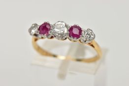 A YELLOW METAL RUBY AND DIAMOND FIVE STONE RING, designed with three round brilliant cut diamonds,