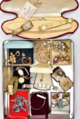 A BOX OF MOSTLY COSTUME JEWELLERY, to include a ladies gold-plated 'Oris' wristwatch, fitted with
