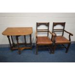 A SMALL OAK BARLEY TWIST GATE LEG TABLE, a pair of oak carver chairs with open armrests, a pine