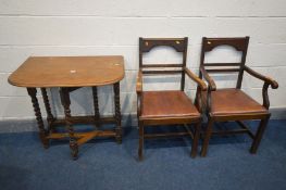 A SMALL OAK BARLEY TWIST GATE LEG TABLE, a pair of oak carver chairs with open armrests, a pine