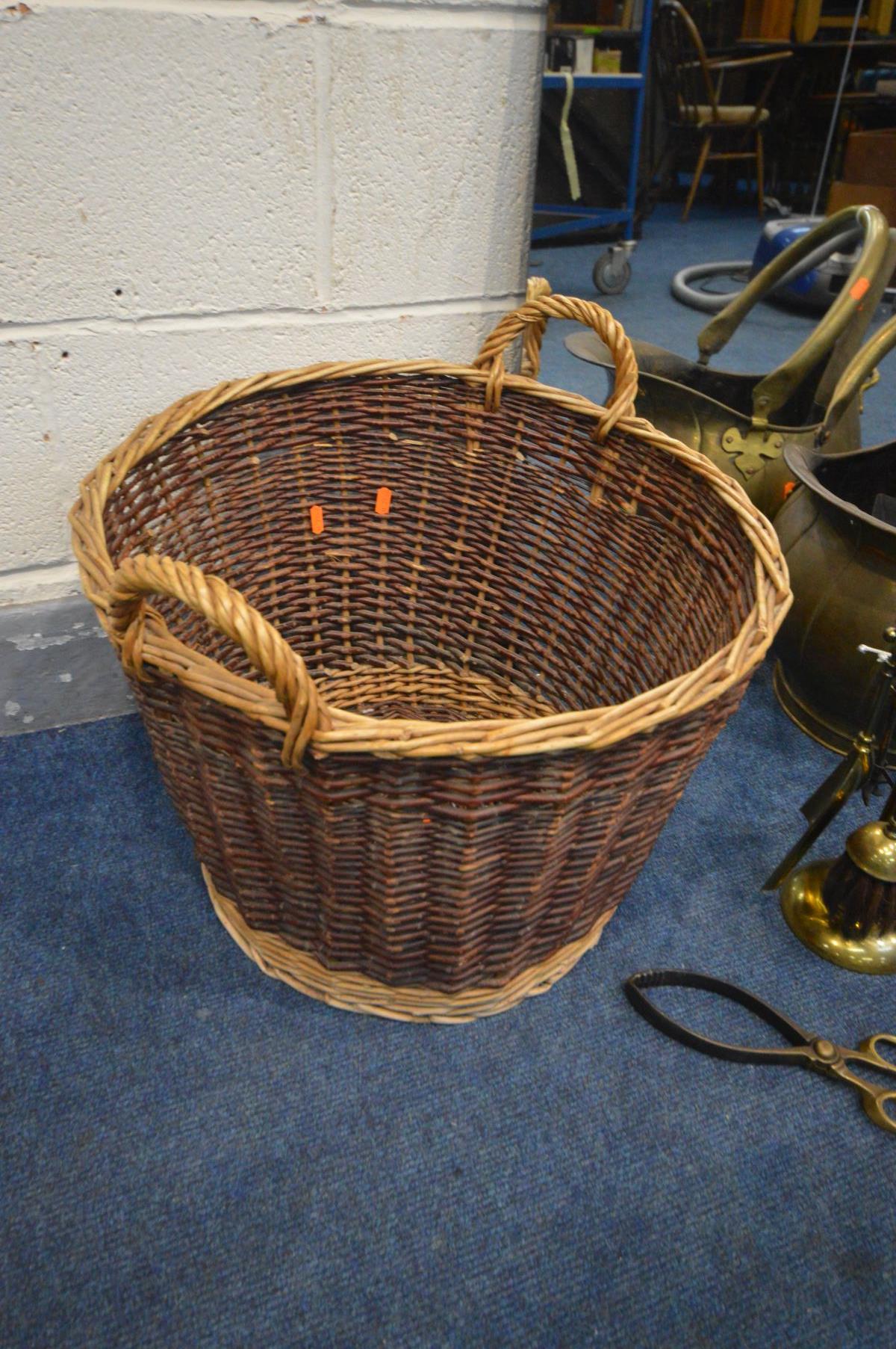 A WICKER LOG BASKET, along with a brass coal bucket, companion set, mirror, etc (5) - Image 3 of 3