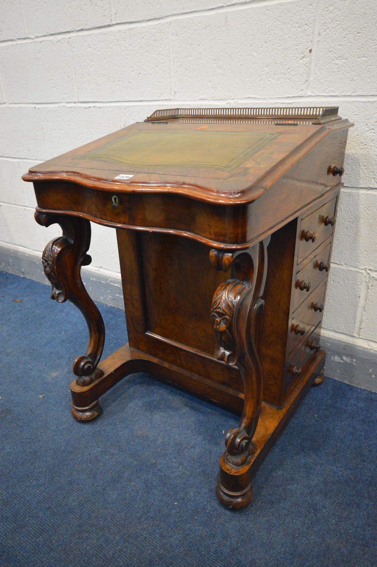 A VICTORIAN WALNUT DAVENPORT, brass gallery to top, a hinged leather tooled inlay lid enclosing a - Image 3 of 4