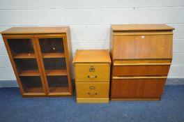 A MORRIS OF GLASGOW TEAK BUREAU, width 76cm x depth 41cm x height 107cm, a teak glazed two door