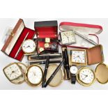 SELECTION OF PENS WATCHES AND TRAVEL CLOCKS, to include a boxed ball point Sheaffer,