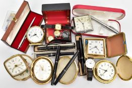 SELECTION OF PENS WATCHES AND TRAVEL CLOCKS, to include a boxed ball point Sheaffer,