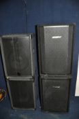 TWO PAIRS OF P.A SPEAKERS comprising of a pair of Carlsbro HS15 trapezoidal speakers with 15in and